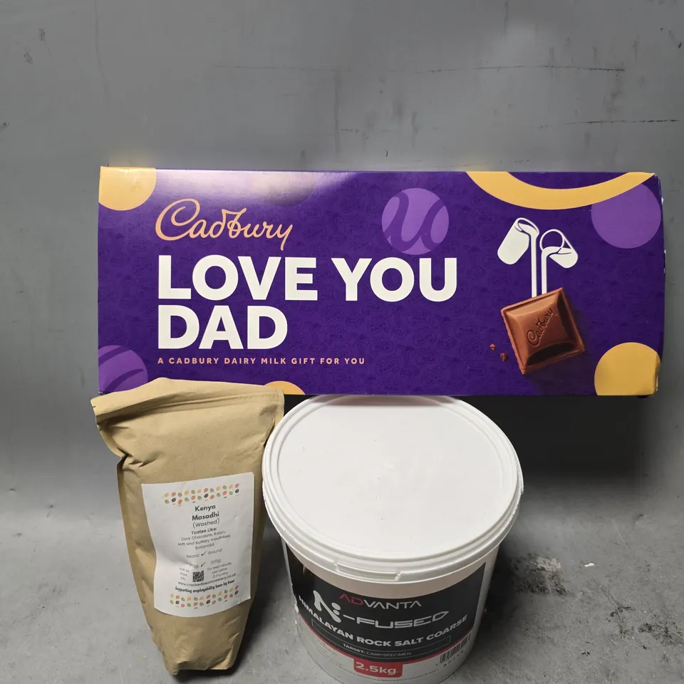 APPROXIMATELY 4 ASSORTED FOOD ITEMS TO INCLUDE - CADBURYS LOVE YOU DAD , KENYA MASADHI , ADVANTA FUSED HIMALAYAN ROCK SALT COARSE 