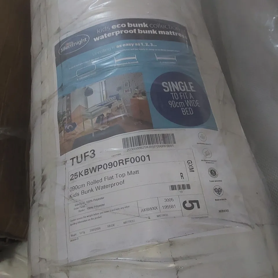 QUALITY BAGGED AND ROLLED SILENTNIGHT 3' SINGLE BUNK MATTRESS