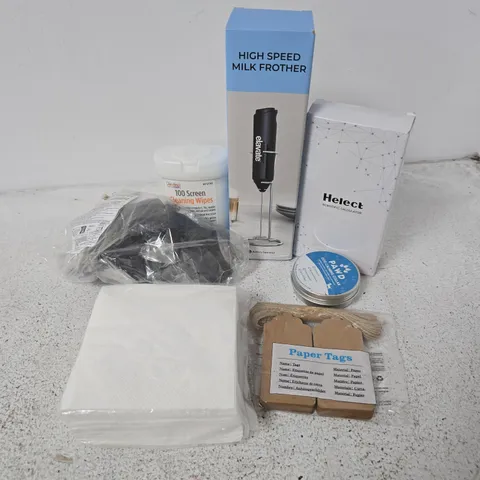 APPROXIMATELY 15 ASSORTED HOUSEHOLD ITEMS TO INCLUDE HIGH SPEED MILK FROTHER, PAPER TAGS, 100 SCREEN CLEANING WIPES, ETC