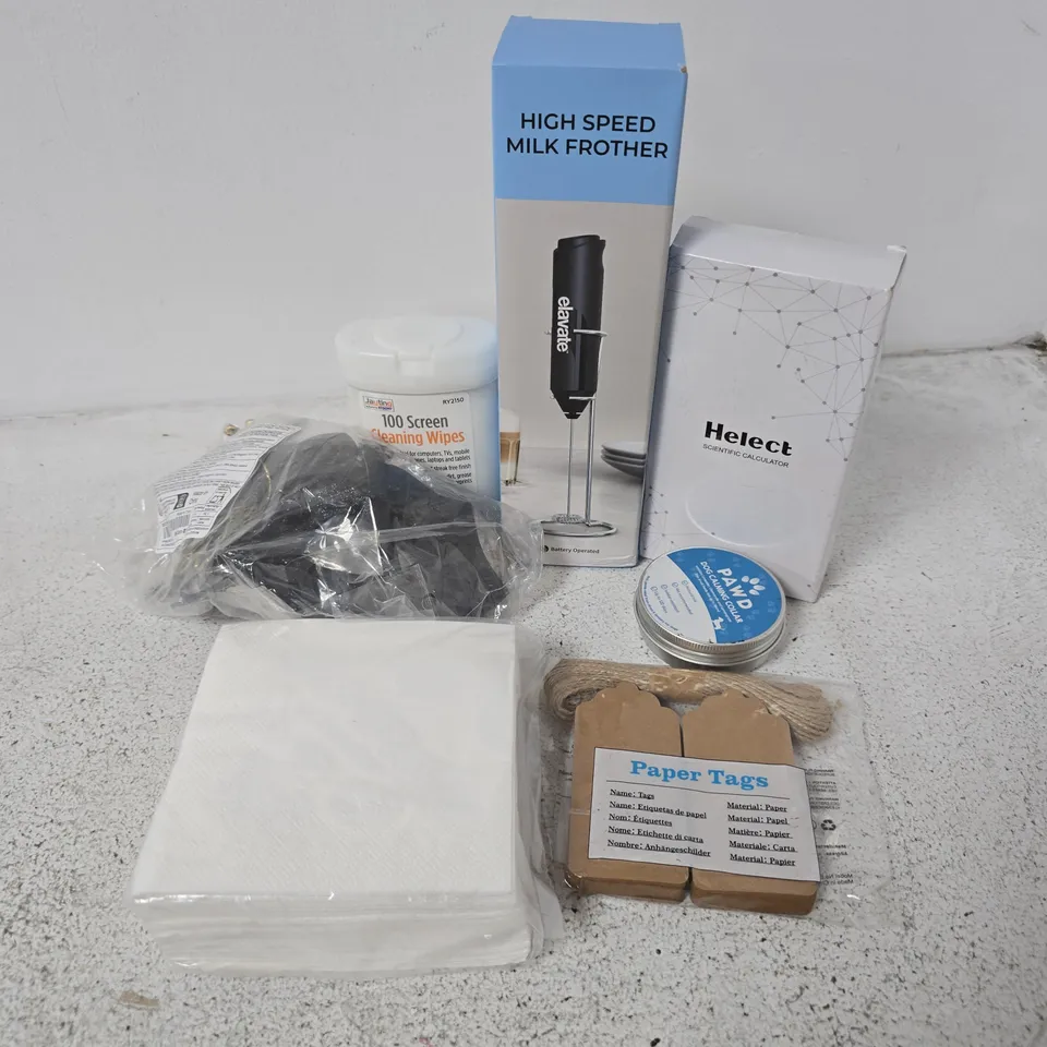 APPROXIMATELY 15 ASSORTED HOUSEHOLD ITEMS TO INCLUDE HIGH SPEED MILK FROTHER, PAPER TAGS, 100 SCREEN CLEANING WIPES, ETC