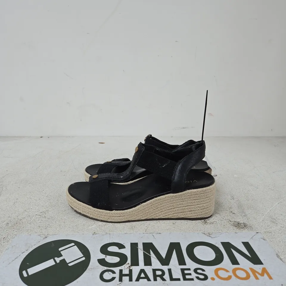 VIONIC BLACK ESPADRILLE WEDGE SANDALS – OPEN TOE, ANKLE STRAPS UK SIZE 9