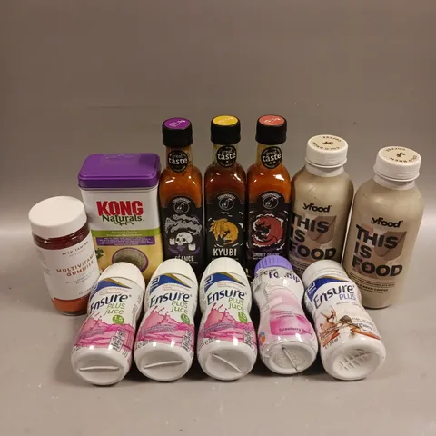 APPROXIMATELY 12 ASSORTED FOOD/DRINK PRODUCTS TO INCLUDE MYVITAMINS MULTIVITAMIN GUMMIES, CONDIMANIAC SAUCES, ENSURE PLUS ETC 