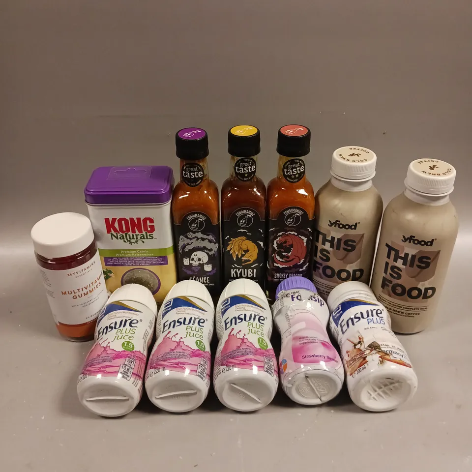 APPROXIMATELY 12 ASSORTED FOOD/DRINK PRODUCTS TO INCLUDE MYVITAMINS MULTIVITAMIN GUMMIES, CONDIMANIAC SAUCES, ENSURE PLUS ETC 