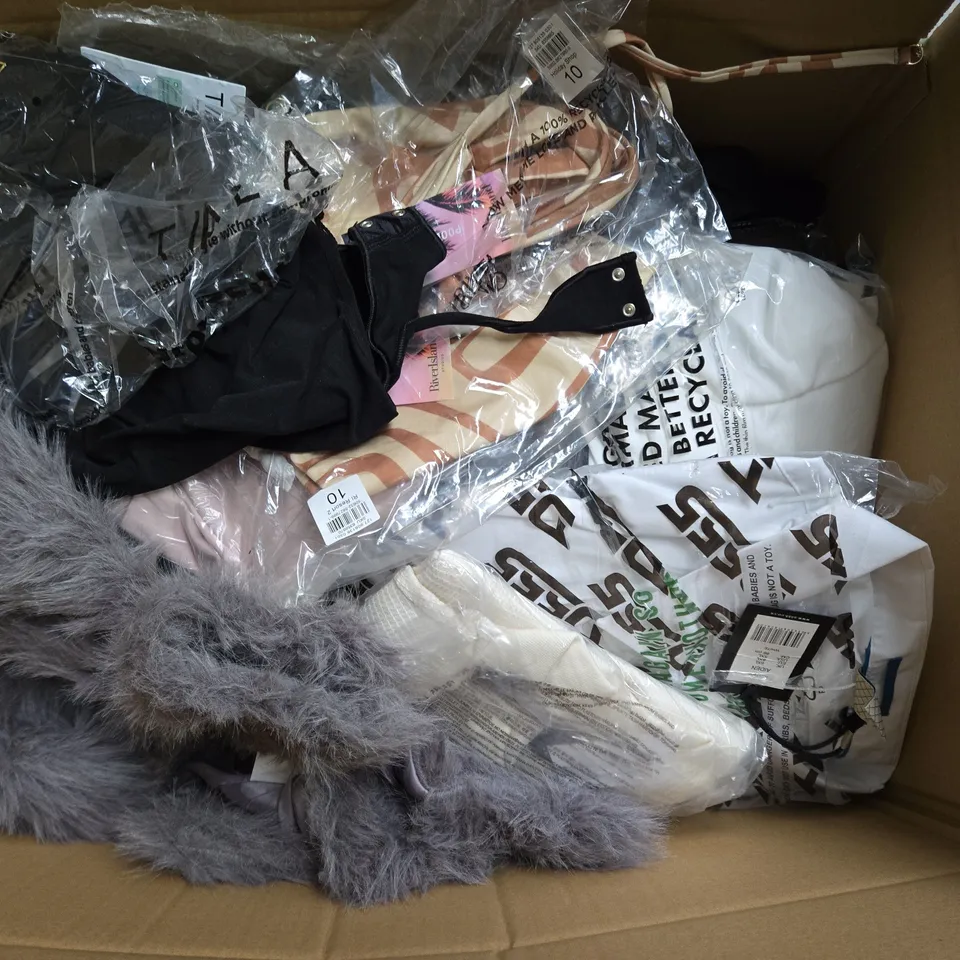 BOX OF ASSORTED CLOTHING ITEMS IN DIFFERENT SIZES AND STYLES / COLLECTION ONLY  