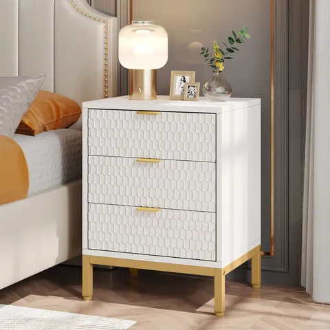 BOXED ULANI MODERN NIGHTSTAND, 65.5CM TALL BEDSIDE TABLE WITH 3 DRAWERS