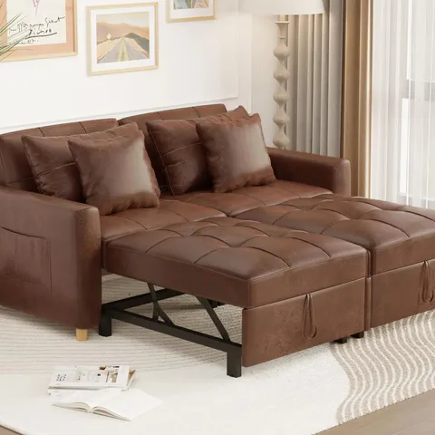 BOXED 2 SEATER VEGAN LEATHER RECLINING SLEEPER - SADDLE BROWN (3 BOXES)