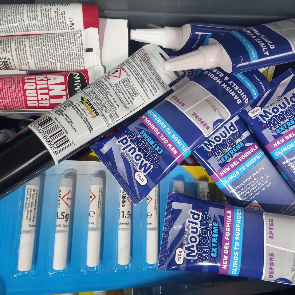 LOT OF APPROXIMATELY 10 ASSORTED HOUSEHOLD ITEMS TO INCLUDE SUPER GLUE, GORE-TEX FABRIC PATCHES, MOULD MAGIC, ETC