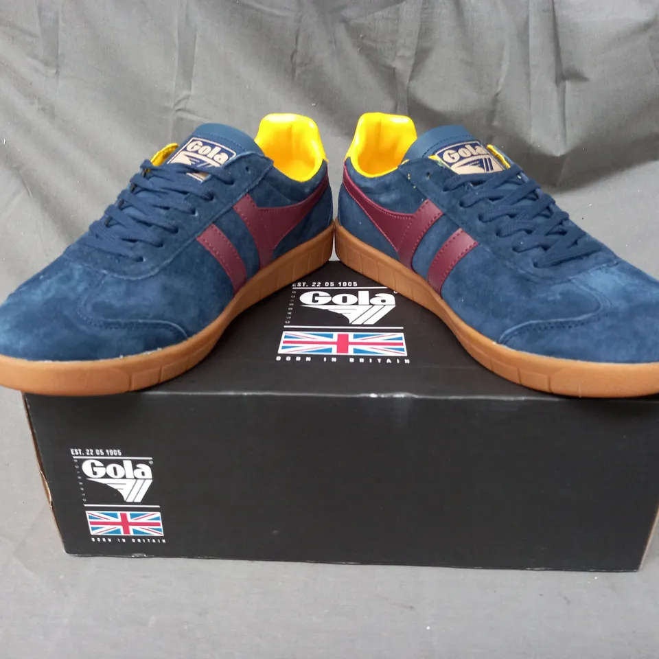 BOXED PAIR OF GOLA HURRICANE SUEDE SHOES IN NAVY/BURGUNDY/SUN UK SIZE 7