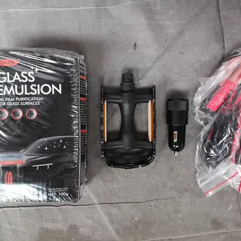 APPROXIMATELY 10 ASSORTED ITEMS TO INCLUDE OGAS GLASS EMULSION, BICYCLE PEDAL, ETC