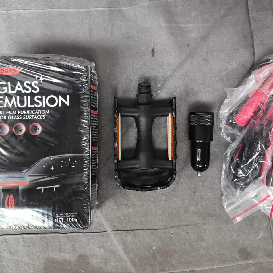 APPROXIMATELY 10 ASSORTED ITEMS TO INCLUDE OGAS GLASS EMULSION, BICYCLE PEDAL, ETC