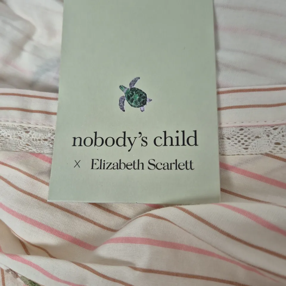 NOBODY'S CHILD X ELIZABETH SCARLETT DRESS – UK8, CREAM STRIPE WITH FLORAL EMBROIDERY