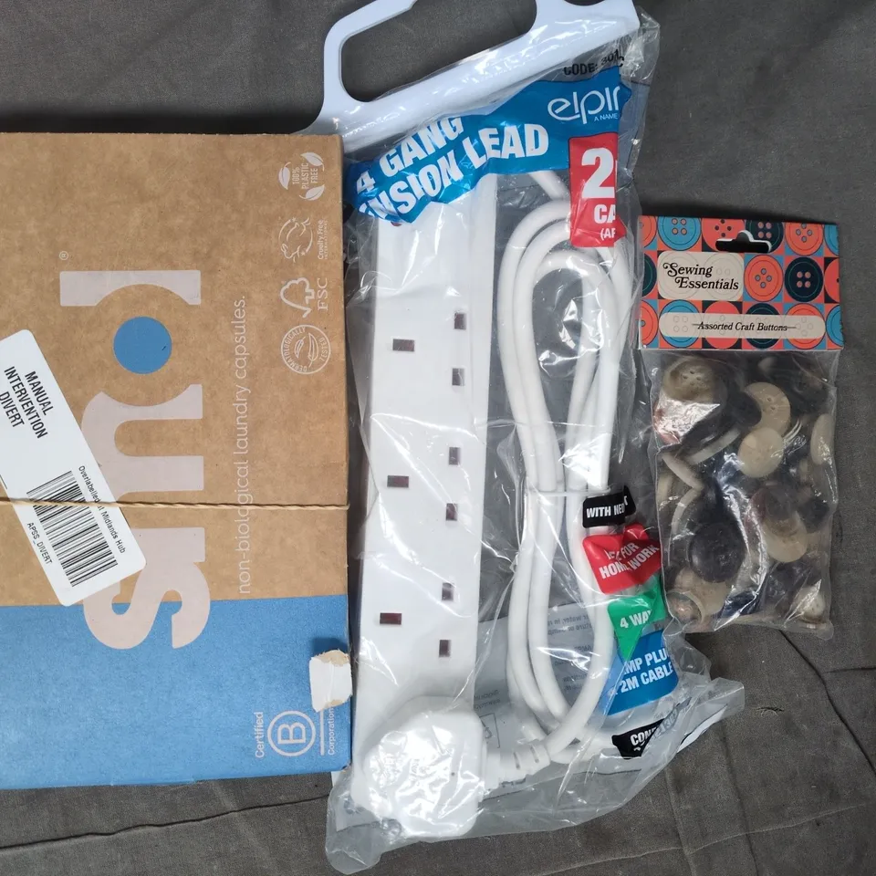APPROXIMATELY 10 ASSORTED HOUSEHOLD ITEMS TO INCLUDE CRAFT BUTTONS, LAUNDRY CAPSULES, ETC