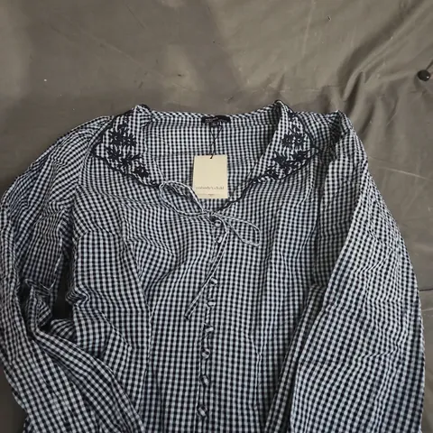 NOBODY'S CHILD ISLA TOP – GINGHAM CHECK WITH EMBROIDERED NECK TIE, UK 10