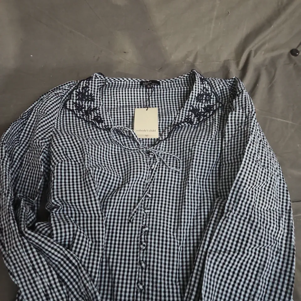 NOBODY'S CHILD ISLA TOP – GINGHAM CHECK WITH EMBROIDERED NECK TIE, UK 10