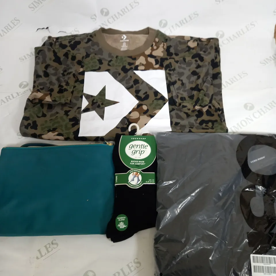 BOX OF APPROXIMATELY 25 ASSORTED CLOTHING ITEMS TO INCUDE - BAG ,SOCKS , DRESS ETC