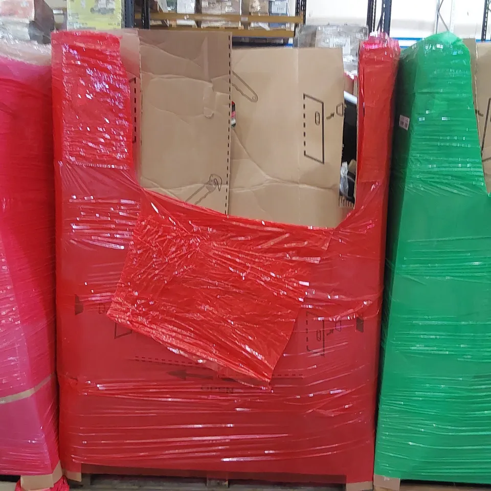 PALLET OF ASSORTED CONSUMER PRODUCTS TO INCLUDE: CANON WIRELESS PRINTER, AUTOMATED PET WET FOOD DISPENSER, RETRACTABLE BABY GATE, BLINDS, ROUND BALLOON ARCH STAND ECT