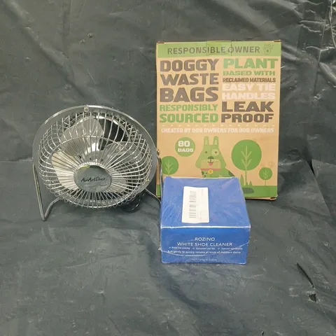 APPROXIMATELY 20 ASSORTED HOUSEHOLD PRODUCTS TO INCLUDE DESK FAN, DOGGY WASTE BAGS AND WHITE SHOE CLEANER