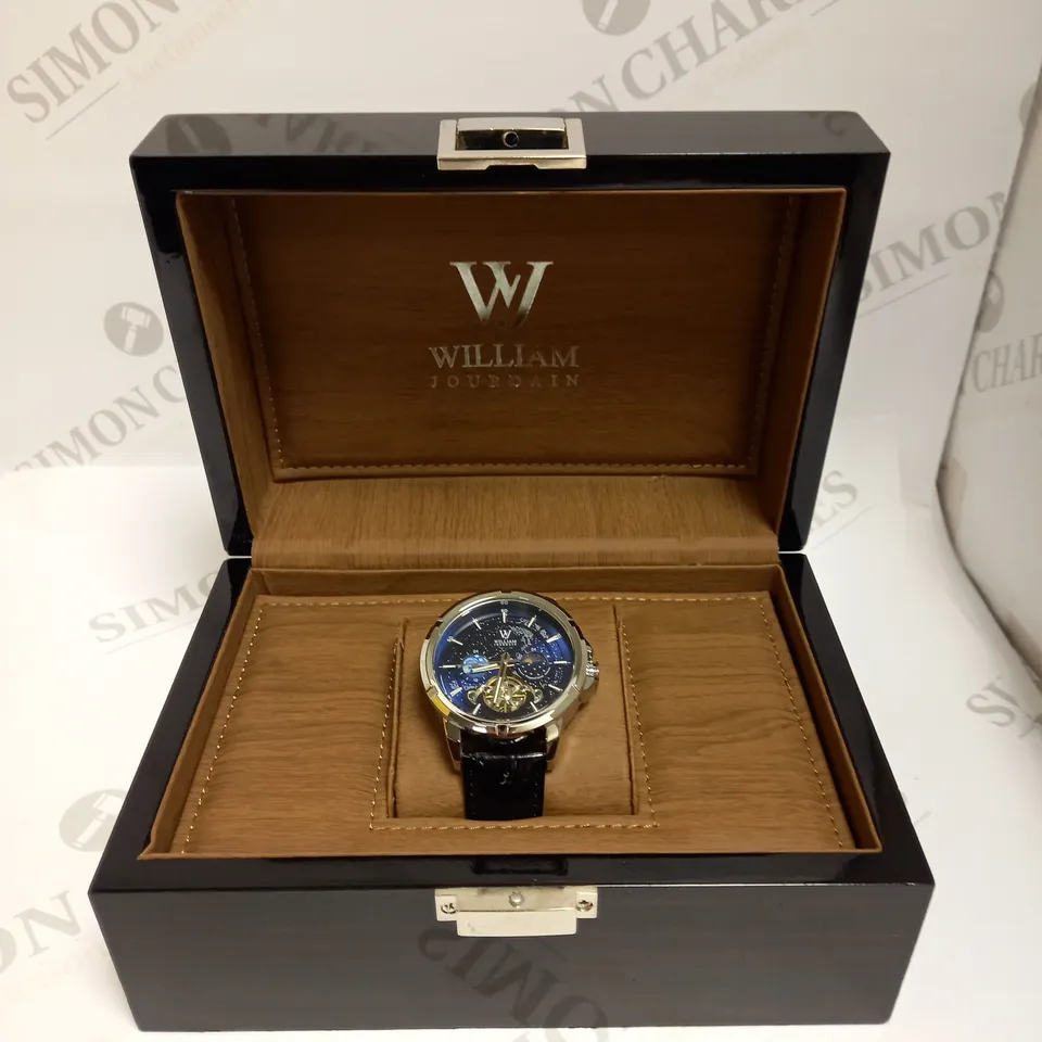 MENS WILLIAM JOURDAIN AUTOMATIC 2580 WATCH – OPEN HEART MOVEMENT WITH SUB DIALS – GLASS EXHIBITION BACK CASE – BLACK GENUINE LEATHER STRAP