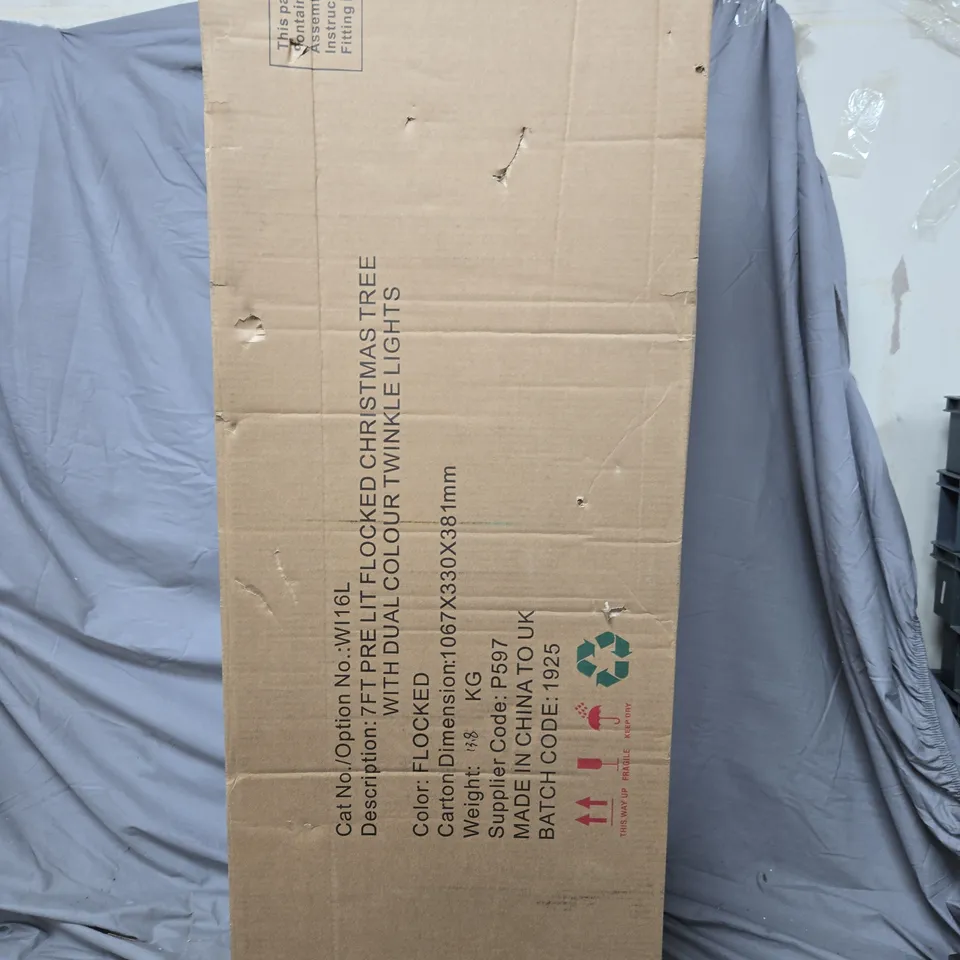 BOXED 7FT DENVER PRE LIT FLOCKED CHRISTMAS TREE WITH DUAL COLOUR TWINKLE LIGHTS - COLLECTION ONLY
