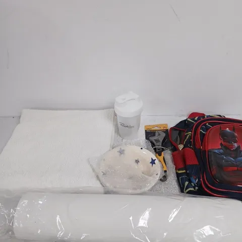 BOX OF APPROXIMATELY 15 ASSORTED ITEMS INCLUDING A BATMAN RUCKSACK, KITCHEN ROLL AND A ROLSON 200MM WRENCH