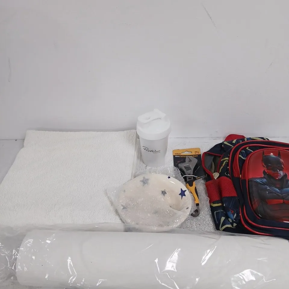 BOX OF APPROXIMATELY 15 ASSORTED ITEMS INCLUDING A BATMAN RUCKSACK, KITCHEN ROLL AND A ROLSON 200MM WRENCH