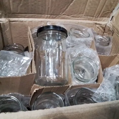 BOX CONTAINING APPROXIMATELY 16 SMALL GLASS JARS 