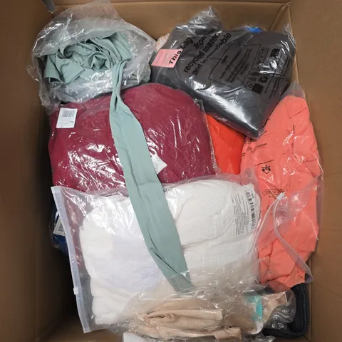 LARGE BOX OF APPROXIMATELY 20 ASSORTED CLOTHING ITEMS IN VARIOUS SIZES, STYLES AND COLOUR