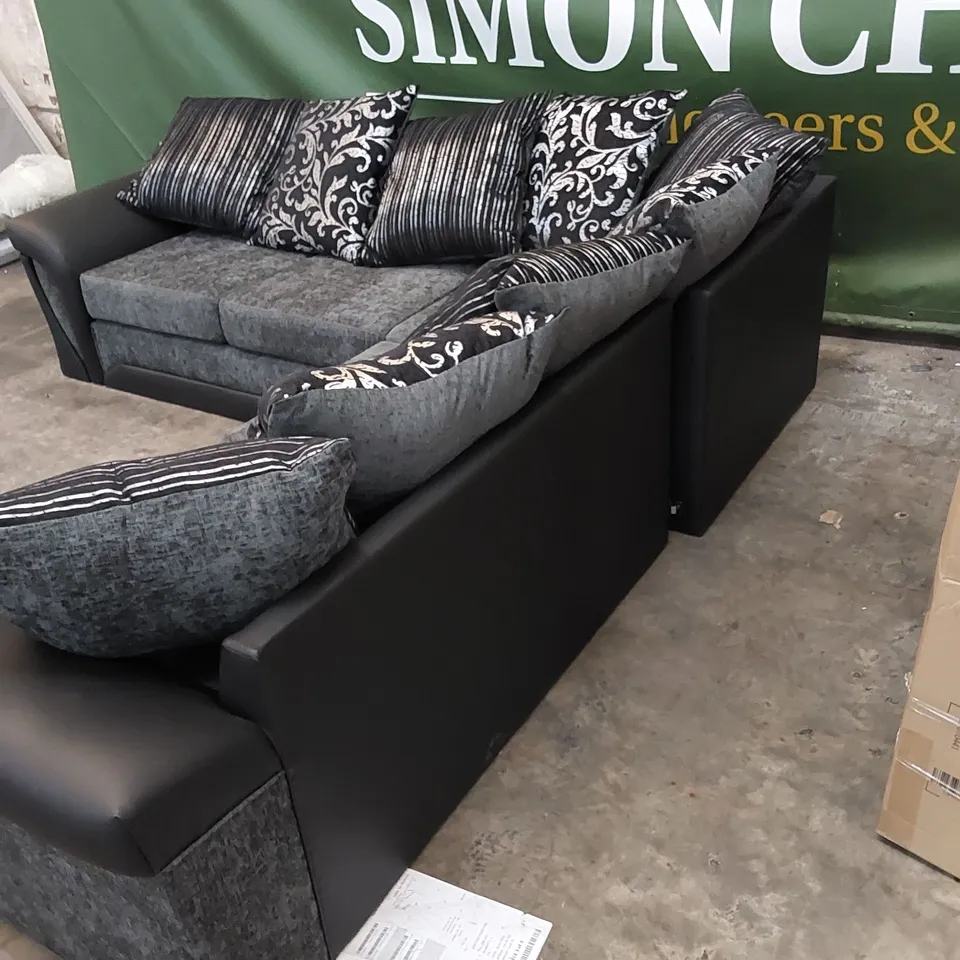DESIGNER FAUX LEATHER AND FABRIC UPHOLSTERED CORNER SOFA WITH CUSHIONS