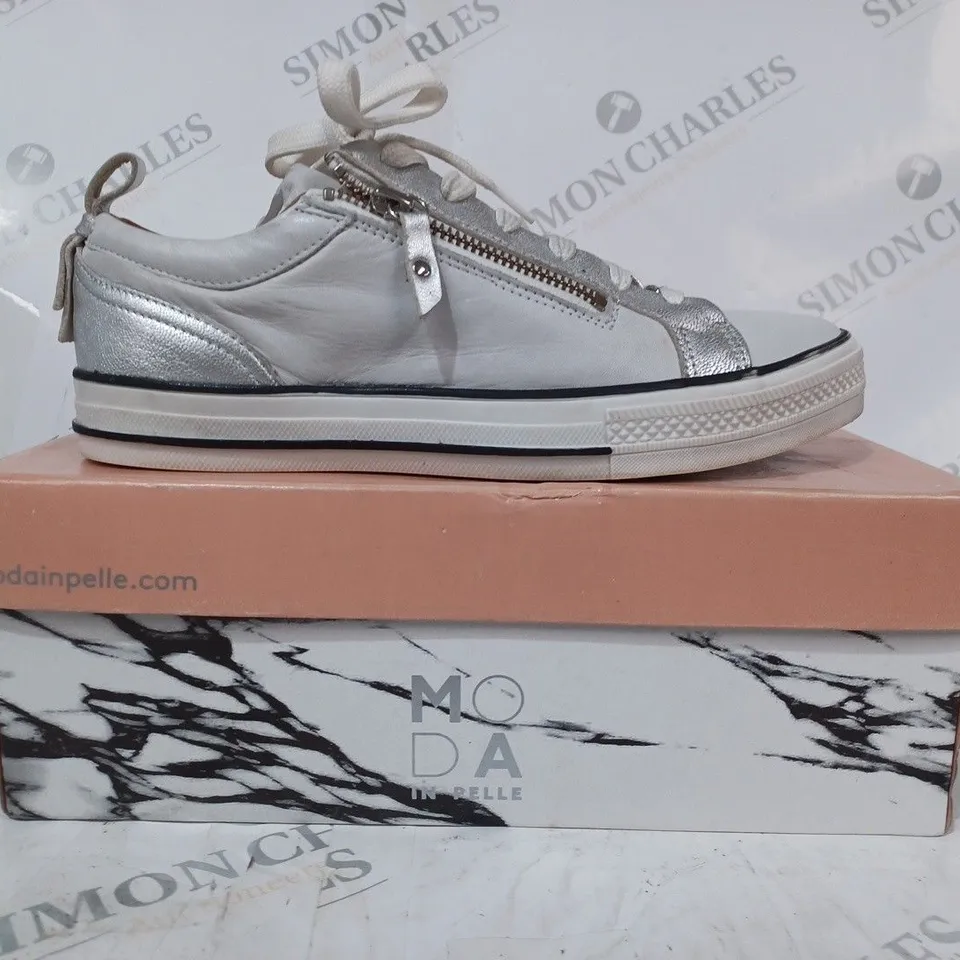 BOXED MODA IN PELLE LEATHER TRAINERS, WHITE SILVER - SIZE 7