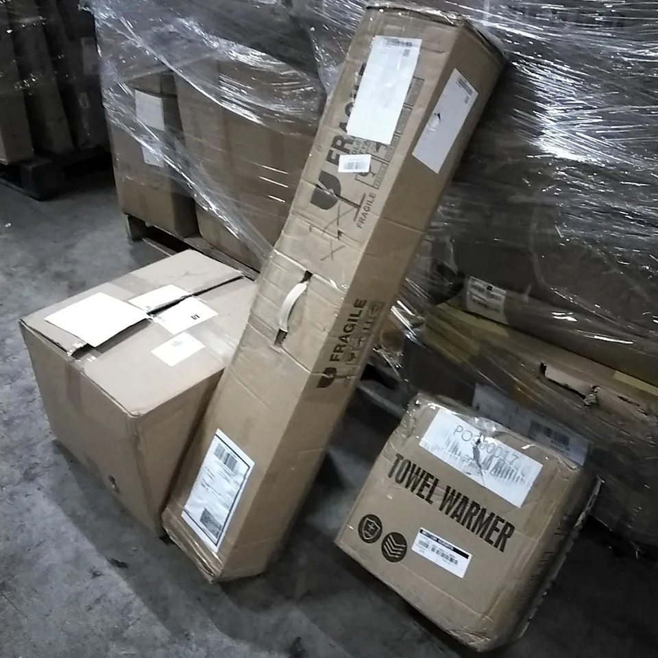 PALLET OF HOUSEHOLD ITEMS TO INCLUDE OTTOMAN POUFFE , SHOWER SYSTEM,  TOWEL WARMER AND OTHER ASSORTED ITEMS...