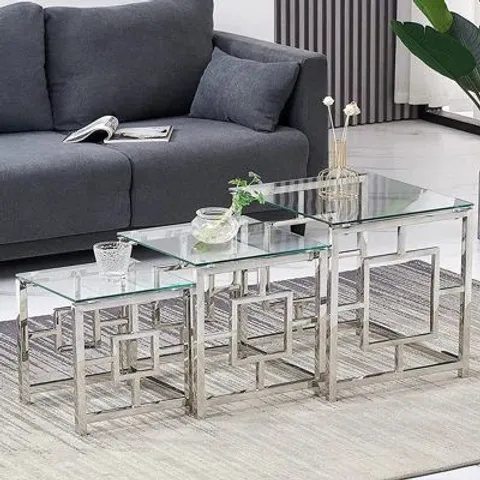 BOXED 3-PIECE STAINLESS STEEL NEST OF TABLES WITH TEMPERED GLASS TOP (1 BOX)
