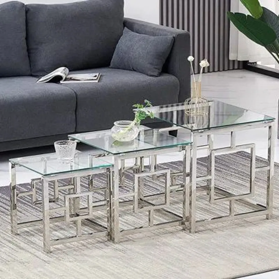 BOXED 3-PIECE STAINLESS STEEL NEST OF TABLES WITH TEMPERED GLASS TOP (1 BOX)
