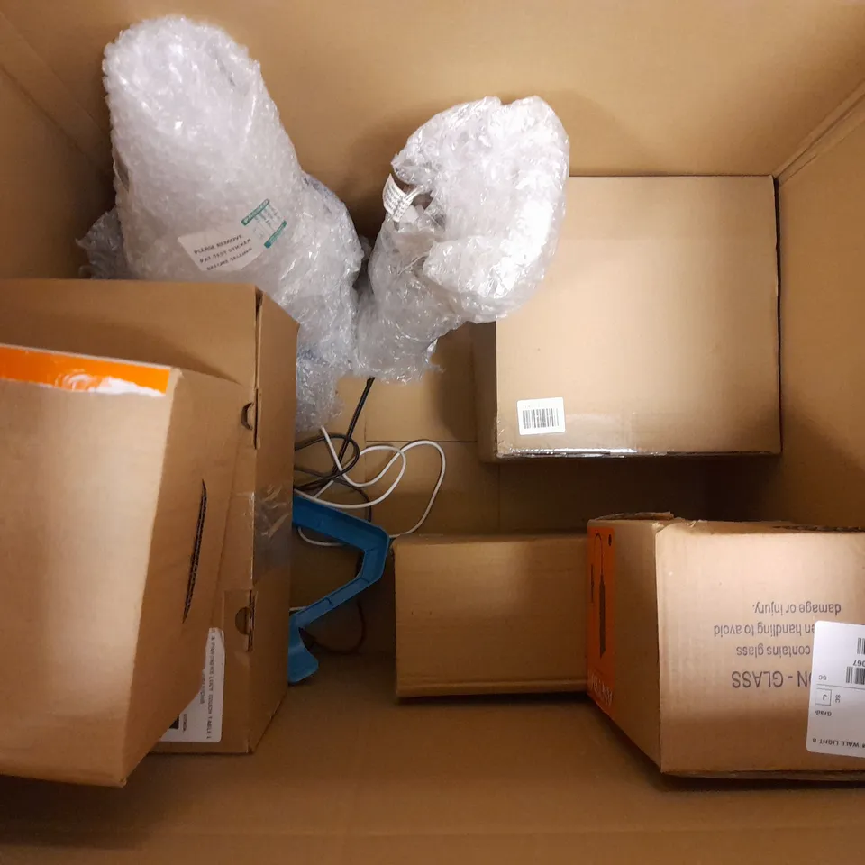 BOX OF APPROX 8 LIGHTING ITEMS TO INCLUDE JOHN LEWIS TABLE LAMPS, WALL LIGHTS AND FLOOR LAMP