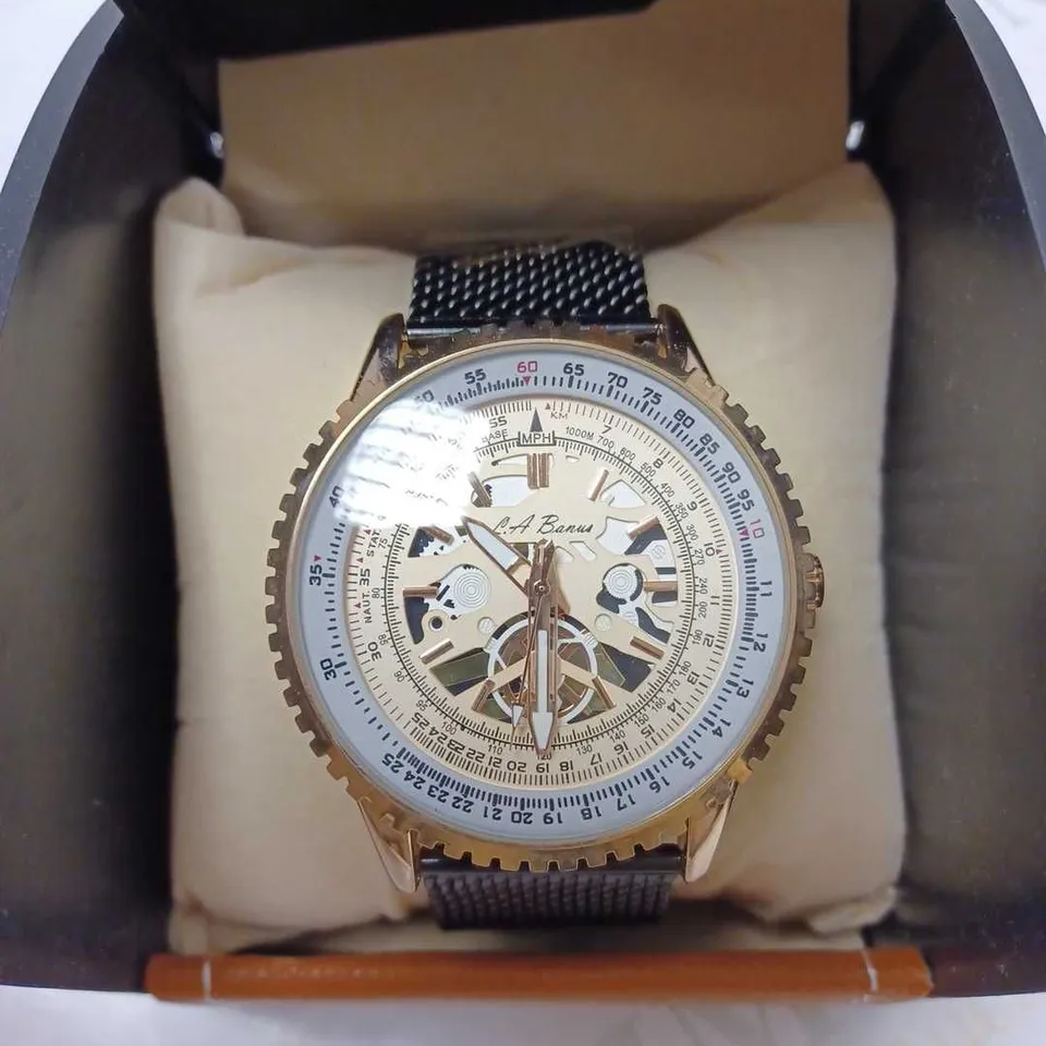 LA BANUS PART SKELETON DIAL MESH STRAP WRISTWATCH 