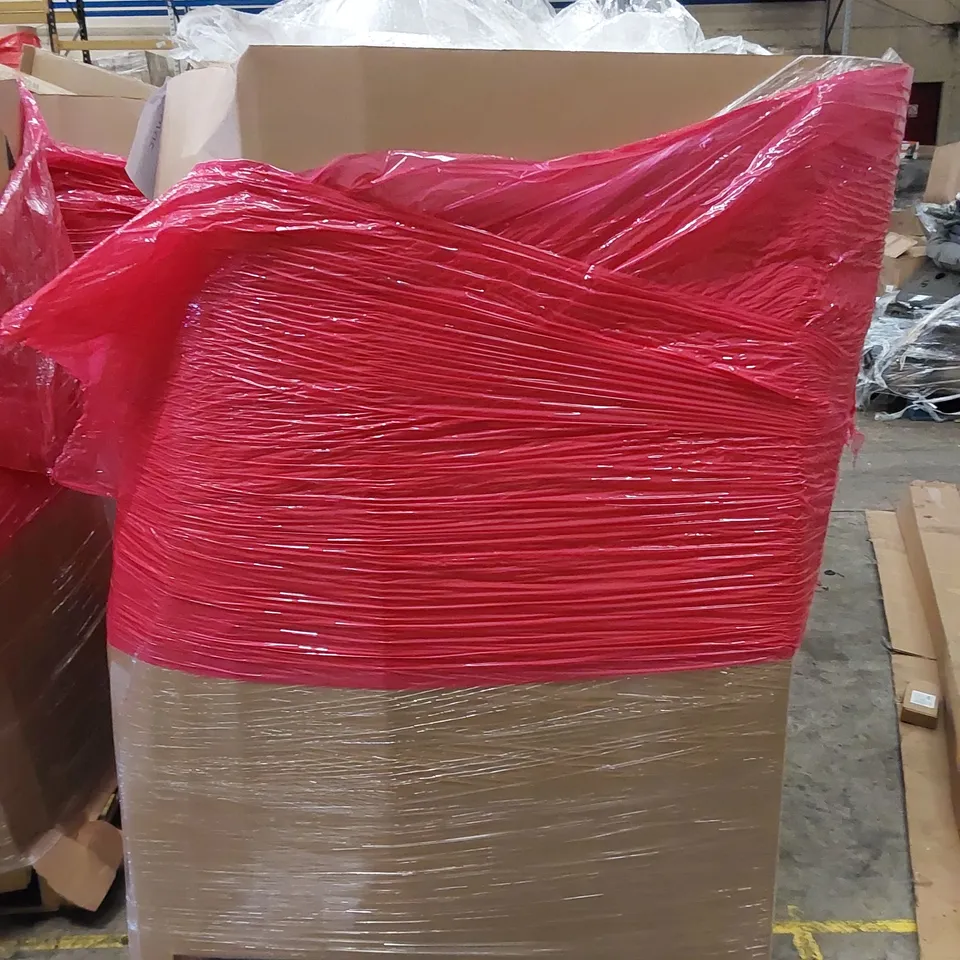 PALLET OF ASSORTED HOUSEHOLD ITEMS AND CONSUMER PRODUCTS. INCLUDES OFFICE CHAIR, CHRISTMAS TREE, BOXED FURNITURE ETC 