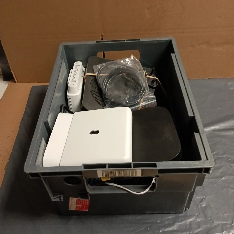 TOTE OF APPROXIMATELY 10 ASSORTED ITEMS TO INCLUDE SKY SET TOP BOX, ROUTER ETC