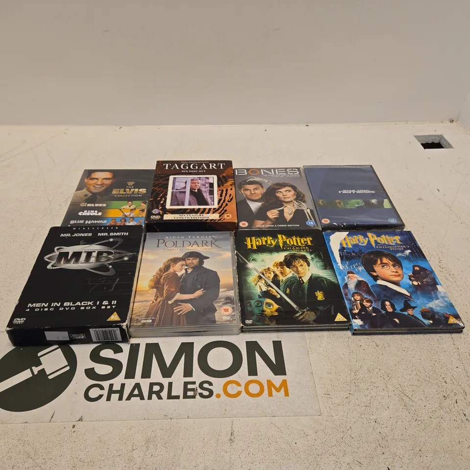 TOTE OF APPROXIMATELY 15 ASSORTED DVDS TO INCLUDE BONES, THE ELVIS COLLECTION, TAGGART, HARRY POTTER, POLDARK, MEN IN BLACK ETC
