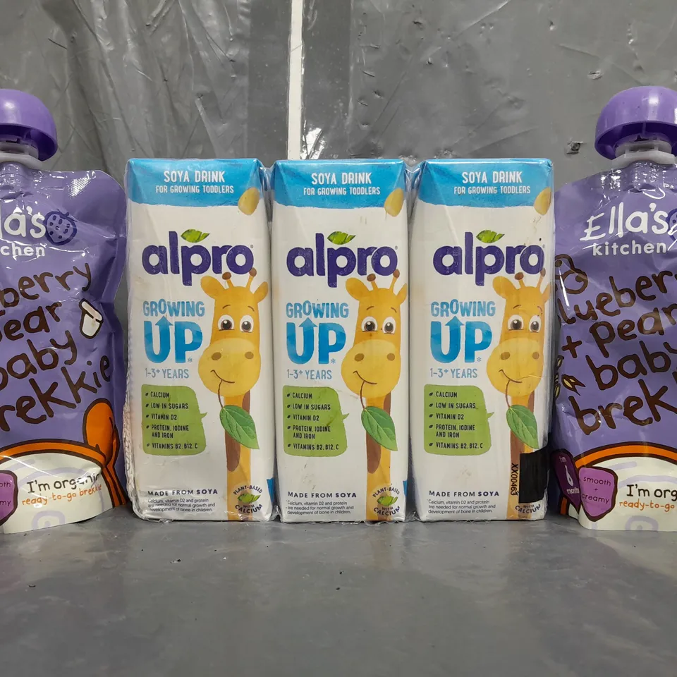 APPROXIMATELY 10 ASSORTED FOOD/DRINK PRODUCTS TO INCLUDE ALPRO GROWING UP SOYA DRINK AND ELLA'S KITCHEN BABY BREKKIE