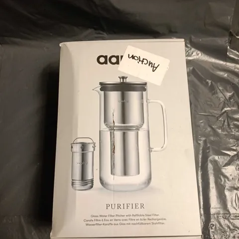 AARKE PURIFIER GLASS WATER FILTER PITCHER WITH REFILLABLE STEEL FILTER – BOXED