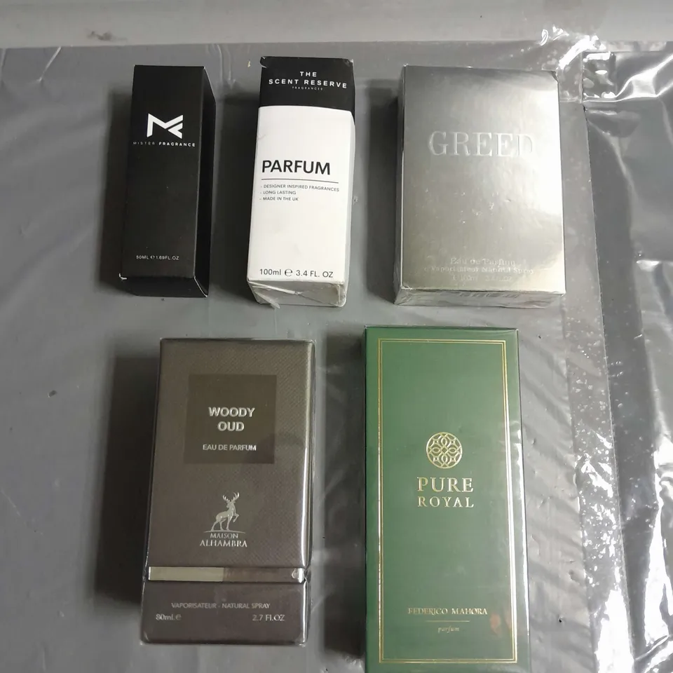 BOX OF APPROXIMATELY 5 ASSORTED BOXED FRAGRANCES TO INCLUDE - FEDERICO MAHORA PURE ROYAL - GREED - MAISON ALHAMBRA WOODY OUD - ETC