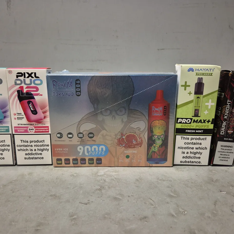 APPROXIMATELY 12 ASSORTED E-CIGARETTE PRODUCTS TO INCLUDE - HAYATI , PIXL DUO 12 , AROMA KING ETC