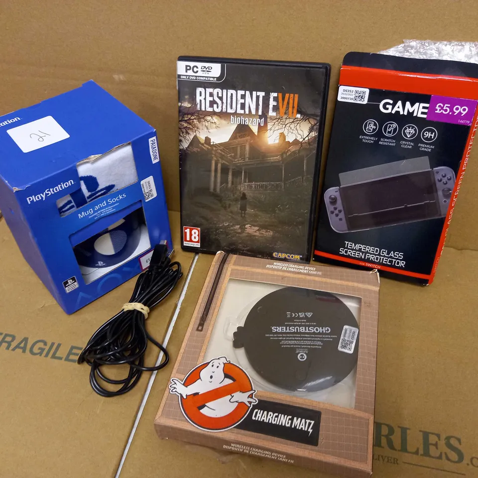 LOT OF 5 ITEMS INCLUDING PLAYSTATION MUG AND SOCKS, RESIDENT EVIL VII BIOHAZARD, TEMPERED GLASS FOR NINTENDO SWITCH