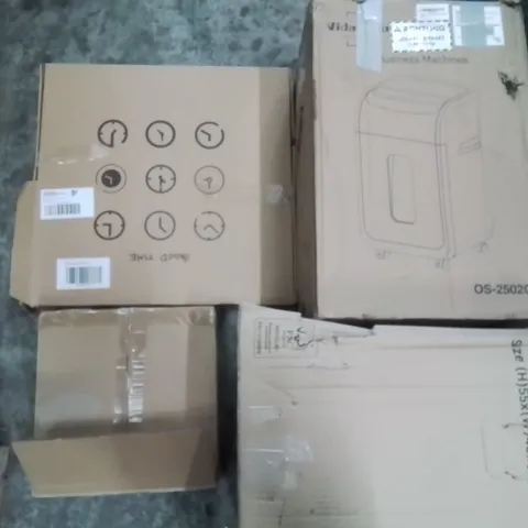 PALLET TO CONTAIN AN ASSORTMENT OF HOUSEHOLD ITEMS TO INCLUDE WALL CLOCKS, EV CHARGERS, STORAGE CONTAINERS AND A4 PAPER SHREDDER ECT