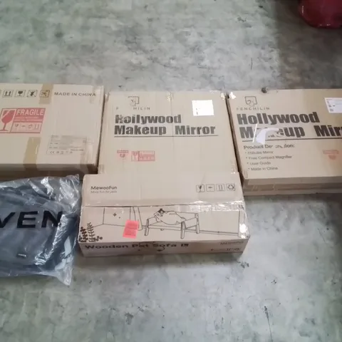 PALLET CONTAINING ASSORTED ITEMS TO INCLUDE: HOLLYWOOD MAKEUP MIRRORS, WOODEN PET SOFA, FOLDING MATTRESS, HAVEN BAG ECT