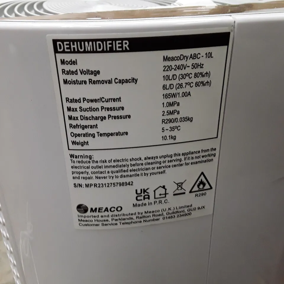 MEACO MEACODRY ABC10L 10L PORTABLE DEHUMIDIFIER - SILVER & WHITE