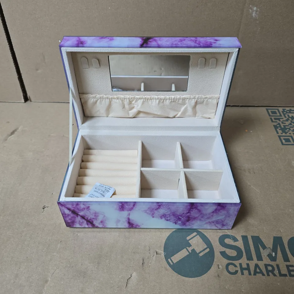 PURPLE GLASS MARBLED JEWELLERY BOX WITH MIRROR AND COMPARTMENTS