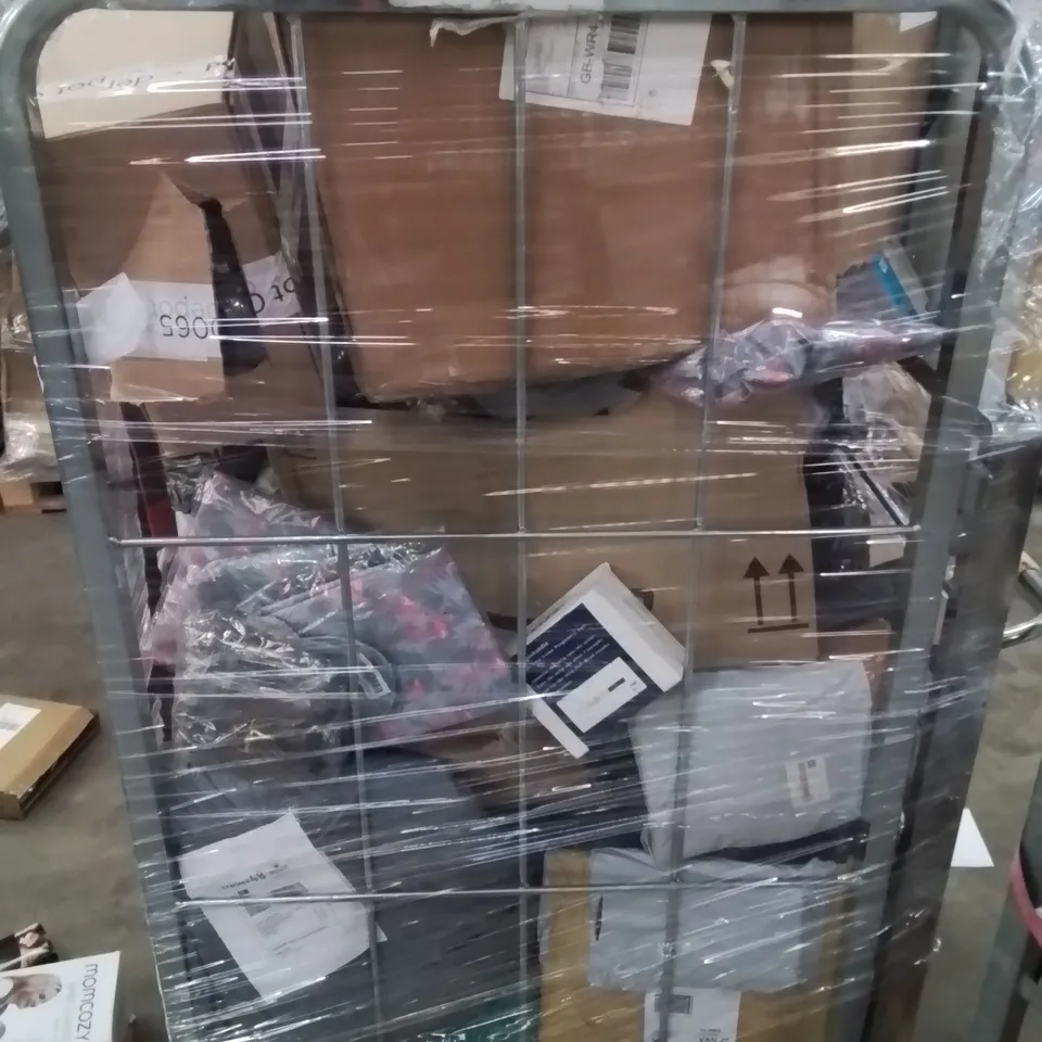 CAGE CONTAINING LARGE QUANTITY OF ASSORTED BOXED HOUSEHOLD PRODUCTS INCLUDING: BABY CARRIER, PET SCALES, EXTRA BASS HEADPHONES,  HAIR STRAIGHTENERS AND LOTS MORE