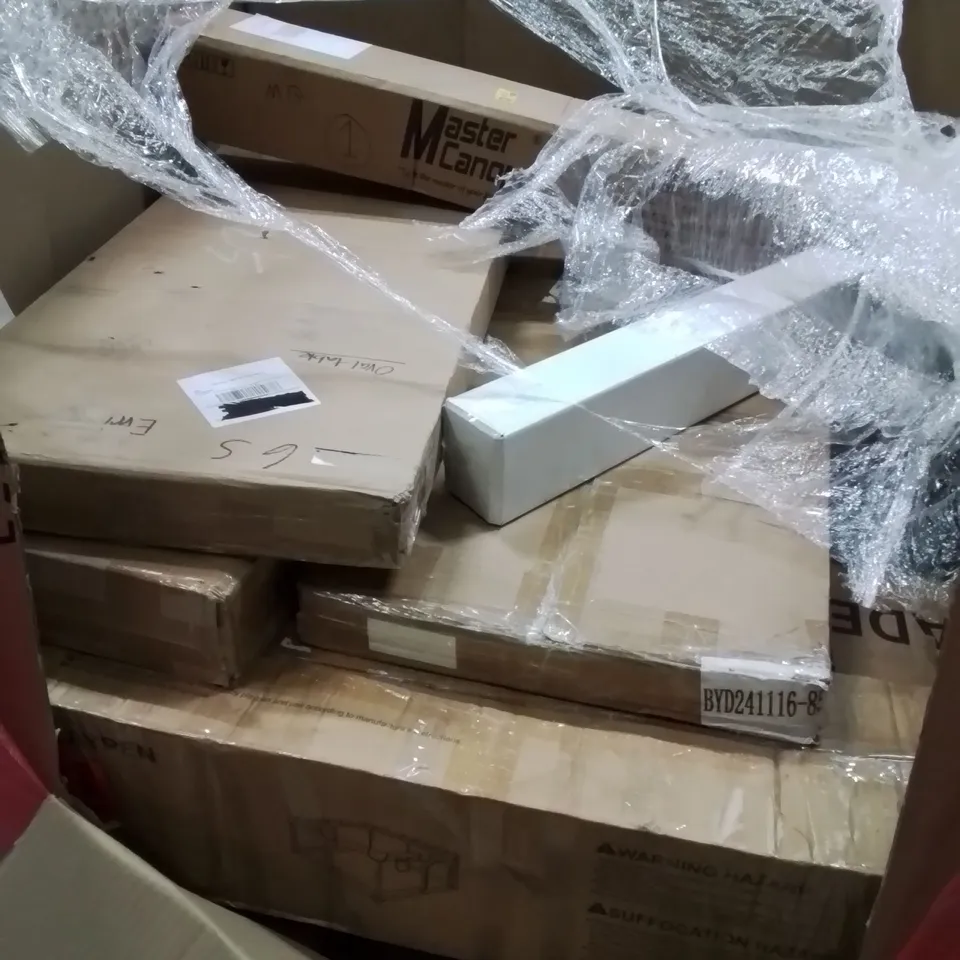 PALLET OF ASSORTED HOUSEHOLD ITEMS AND CONSUMER PRODUCTS TO INCLUDE; OFFICE CHAIR, CONVECTOR HEATER, BABY PLAYPENS, BOXED FURNITURE ETC 