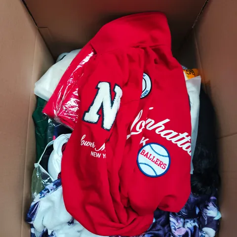 LARGE BOX OF APPROXIMATELY 25 ASSORTED CLOTHING ITEMS IN VARIOUS COLOURS, STYLES AND SIZES - COLLECTION ONLY