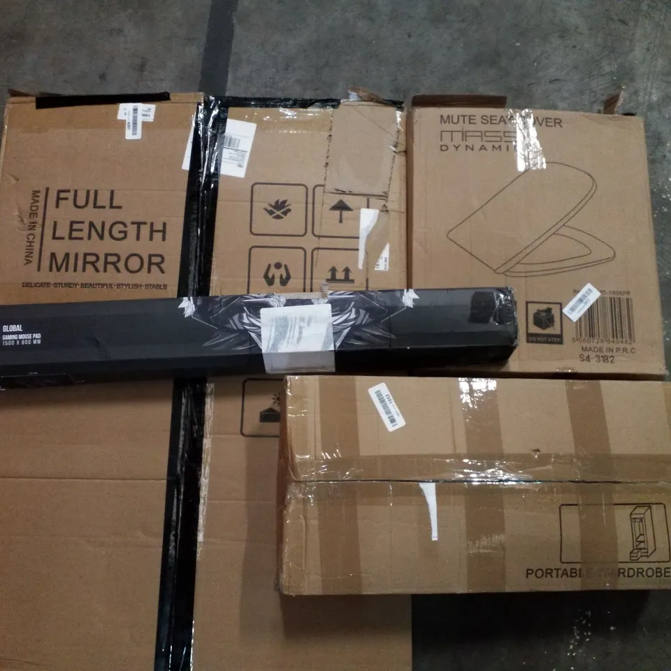 PALLET OF ASSORTED PRODUCTS INCLUDING FULL LENGTH MIRROR, GAMING MOUSE PAD, TOILET SEAT, PORTABLE WARDROBE, FLOOR MAT